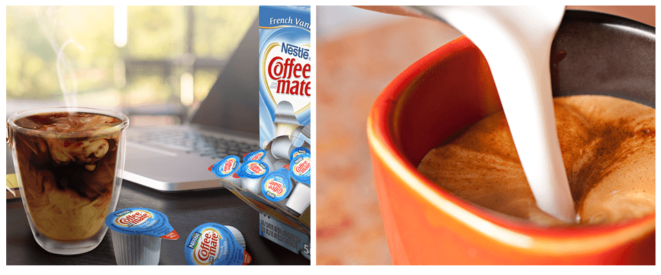 Creamers displayed in cups and containers for coffee and beverages