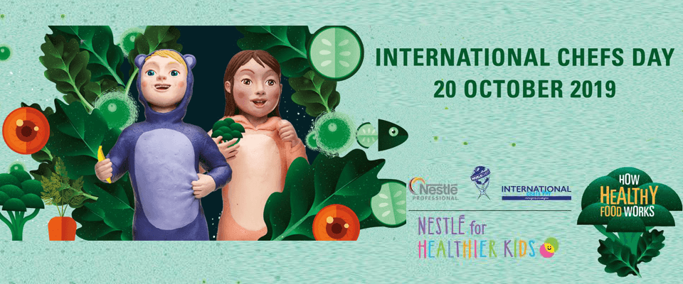 Infographic on healthy food for kids' menus in restaurants, highlighting international chefs day 2019.
