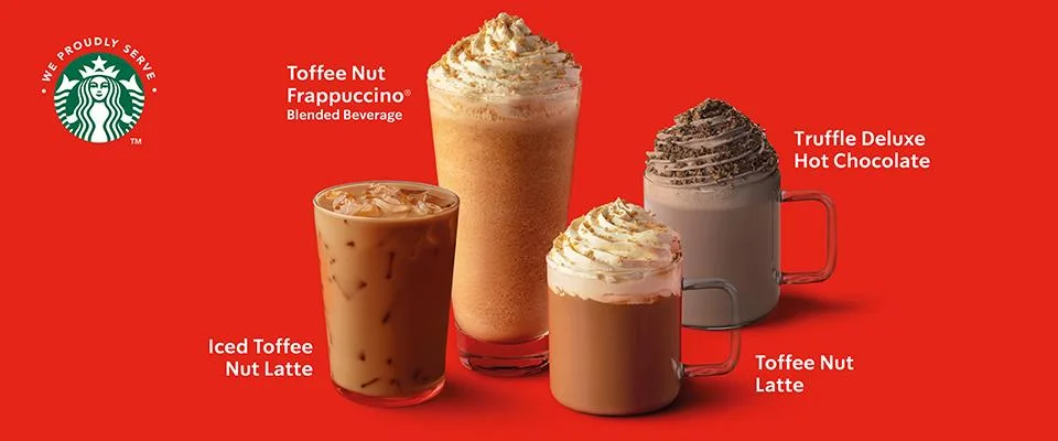 Starbucks holiday coffee beverages: Toffee Nut Frappuccino, Iced Latte, and Truffle Hot Chocolate.