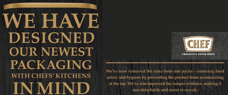 Sleek packaging design displayed in a chef's kitchen.