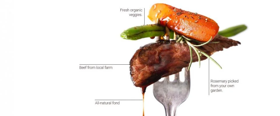 A fork with beef, fresh veggies, and rosemary, highlighting quality food sources.