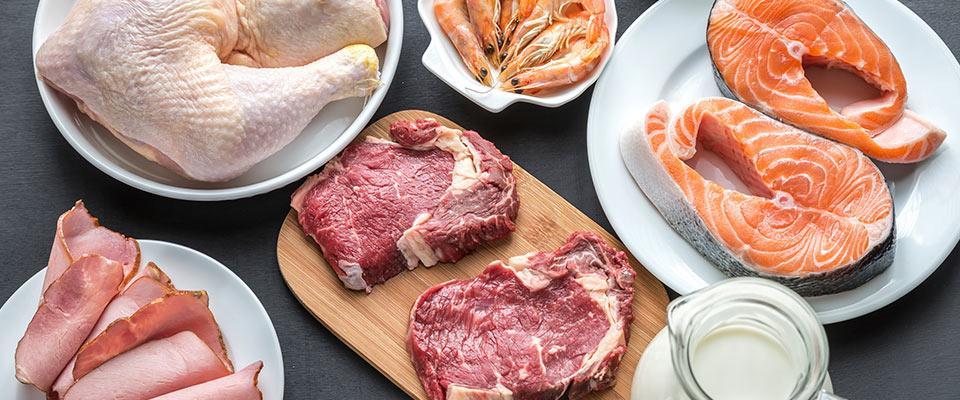 Various types of meat, including chicken, beef, shrimp, and salmon, highlighting protein costs.