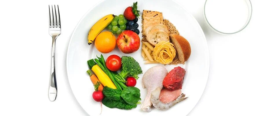 Guilt-Free Consumption balanced plate with fruits, vegetables, grains, and proteins.