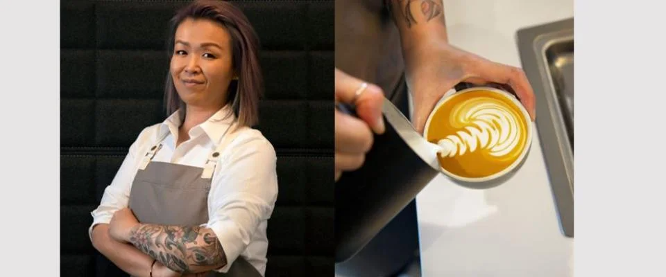 A tattooed woman is seen in two photos with a cup of coffee in hand.
