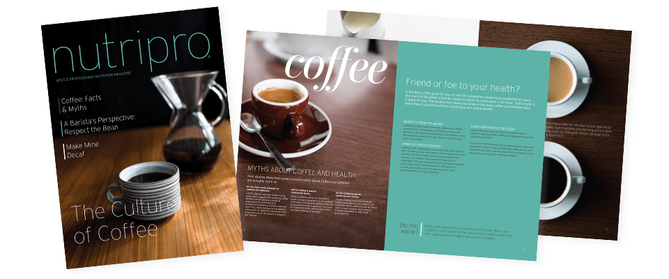 The Culture of Coffee, magazine pages featuring articles and images about coffee and health.