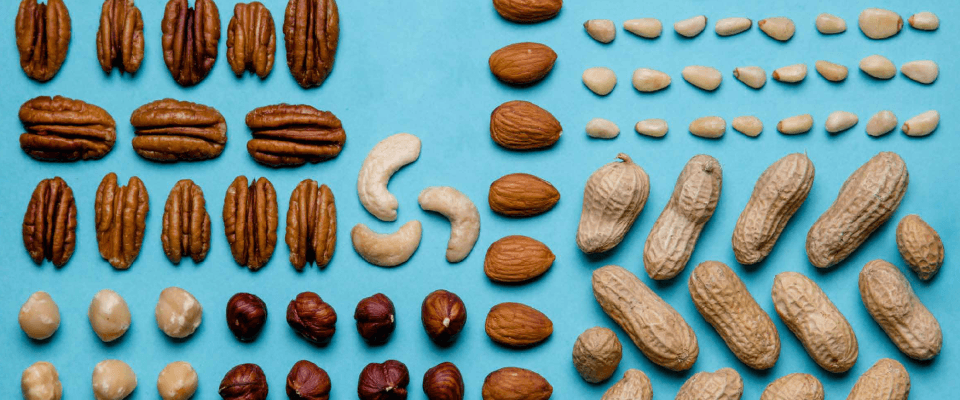 Assorted nuts including peanuts, almonds, and cashews arranged neatly on a blue background.