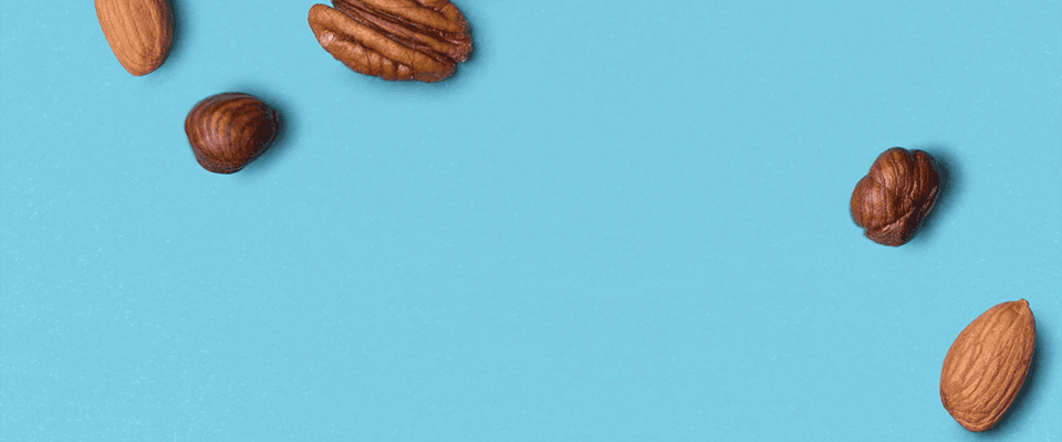 Pecans placed on a blue background, highlighting food allergies and nut sensitivities.