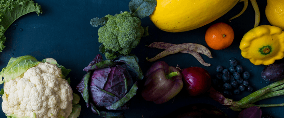 A variety of fresh vegetables and fruits, perfect for a plant-based diet.
