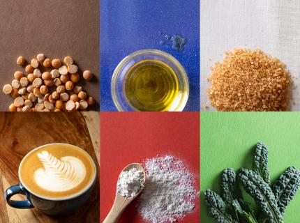 A colorful collage featuring coffee, various nuts, and different types of beans arranged artfully.
