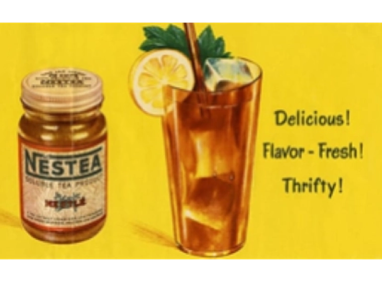 Classic Nestea tea ad highlighting a chilled glass of tea.