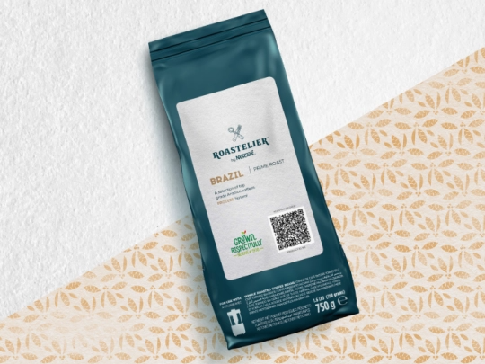 A coffee bag displayed against a white backdrop, emphasizing its packaging and label details.