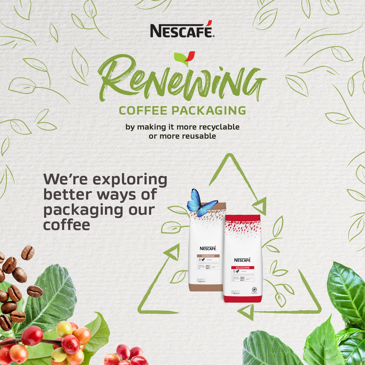 Renewing coffee packaging by Nescafé, showcasing a modern design with vibrant colors and eco-friendly materials.