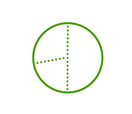 A simple graphic featuring a circle with a central dot and a line extending from its side.