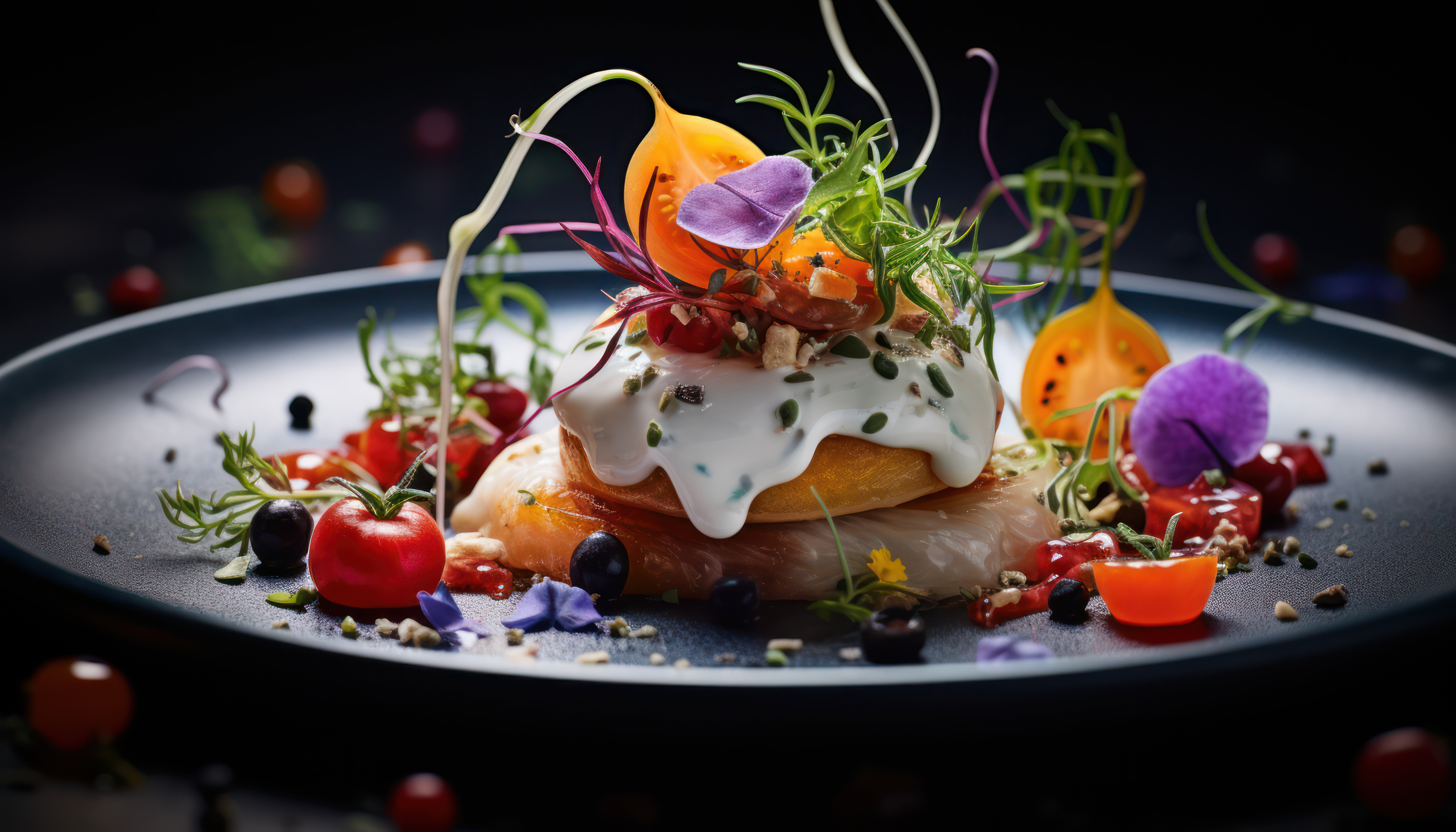 A beautifully arranged plate of food surrounded by vibrant flowers, highlighting a contemporary food service trend.