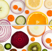 A colorful assortment of fruits and vegetables displayed in a creative collage format.