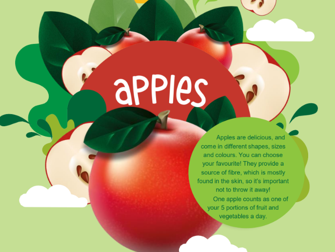 Infographic detailing apple varieties, health benefits, and interesting trivia about apples.