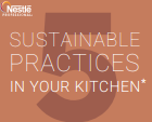 Five illustrated tips for sustainable kitchen practices, including recycling, composting, and using reusable containers.