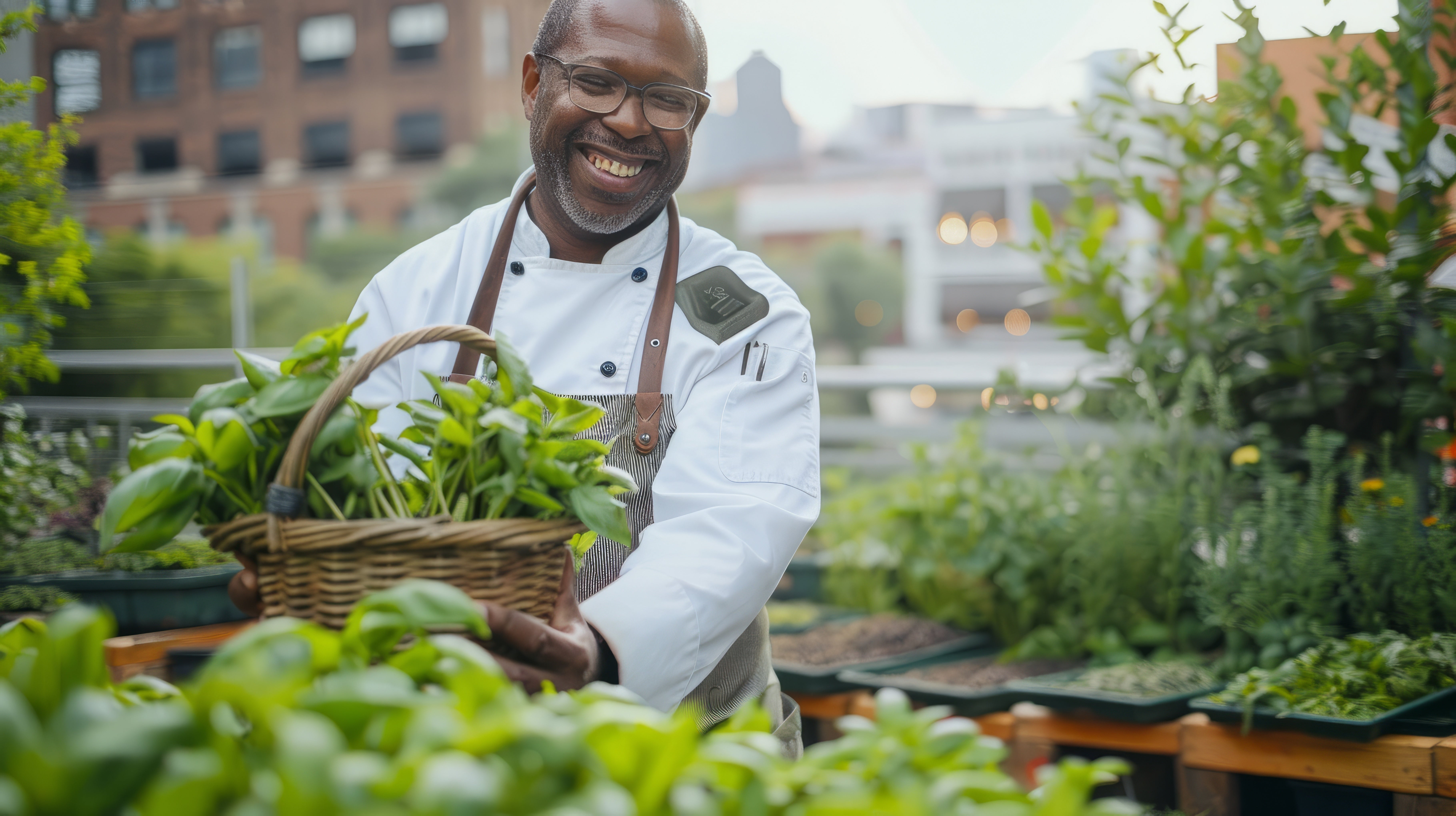 A smiling Black man holds a basket filled with fresh herbs, showcasing his joy and connection to gardening.