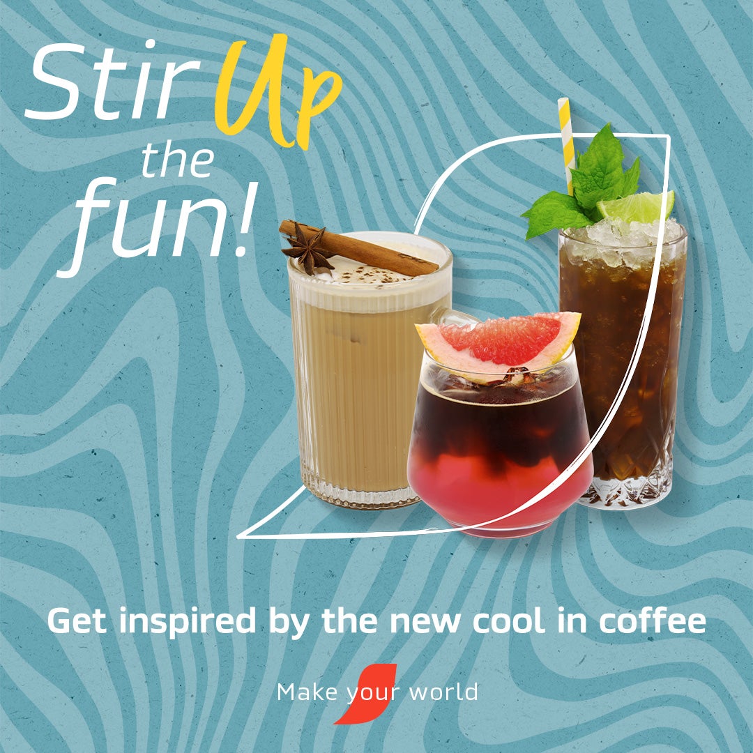 Flyer for a coffee shop featuring drinks and a sign that reads, &quot;Stir up the fun, get inspired by the new cool in coffee.&quot;