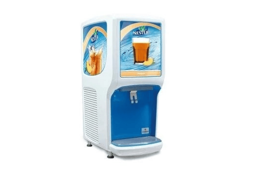 A water dispenser with a drink placed on top, showcasing a clear bottle and a sleek design.