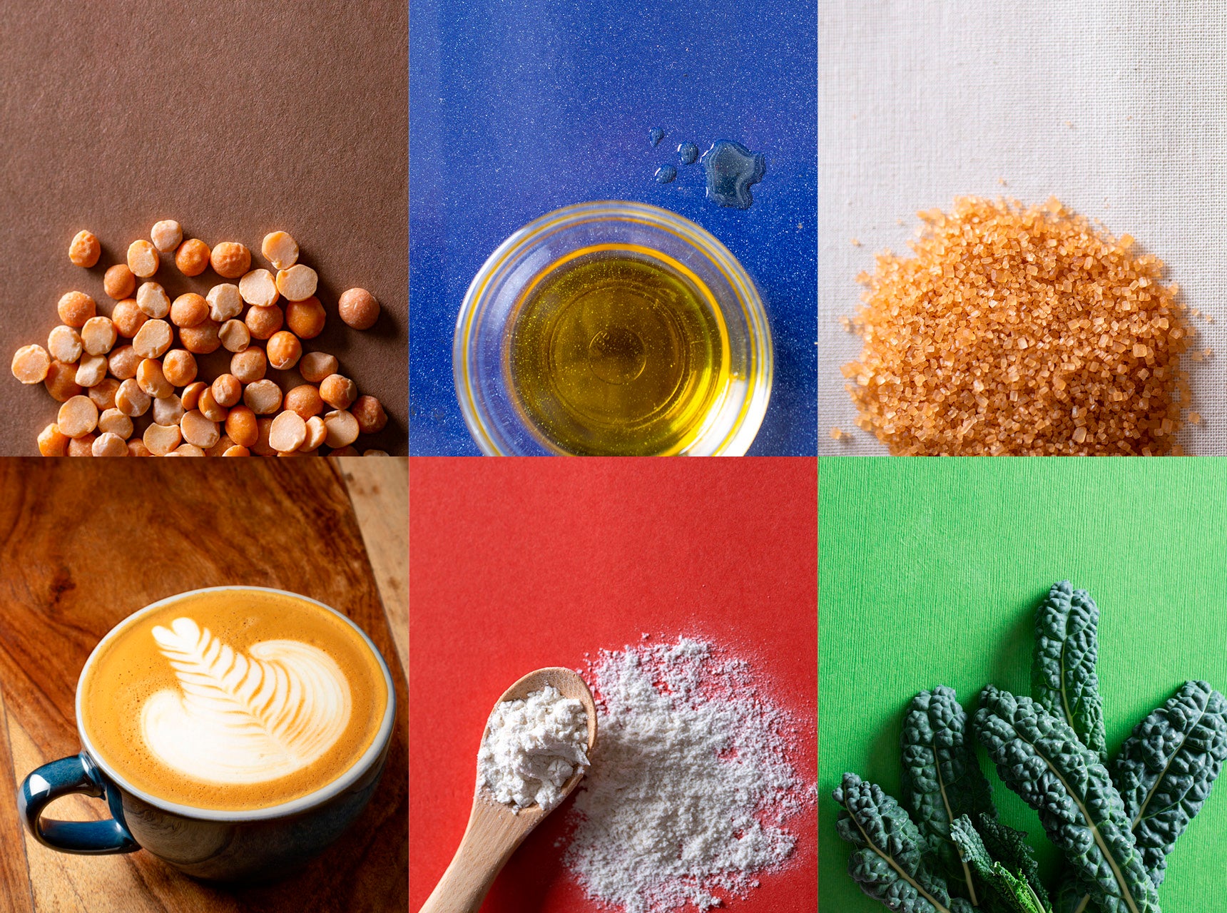 A collage featuring various foods, including coffee, nuts, and beans, arranged artistically on a neutral background.