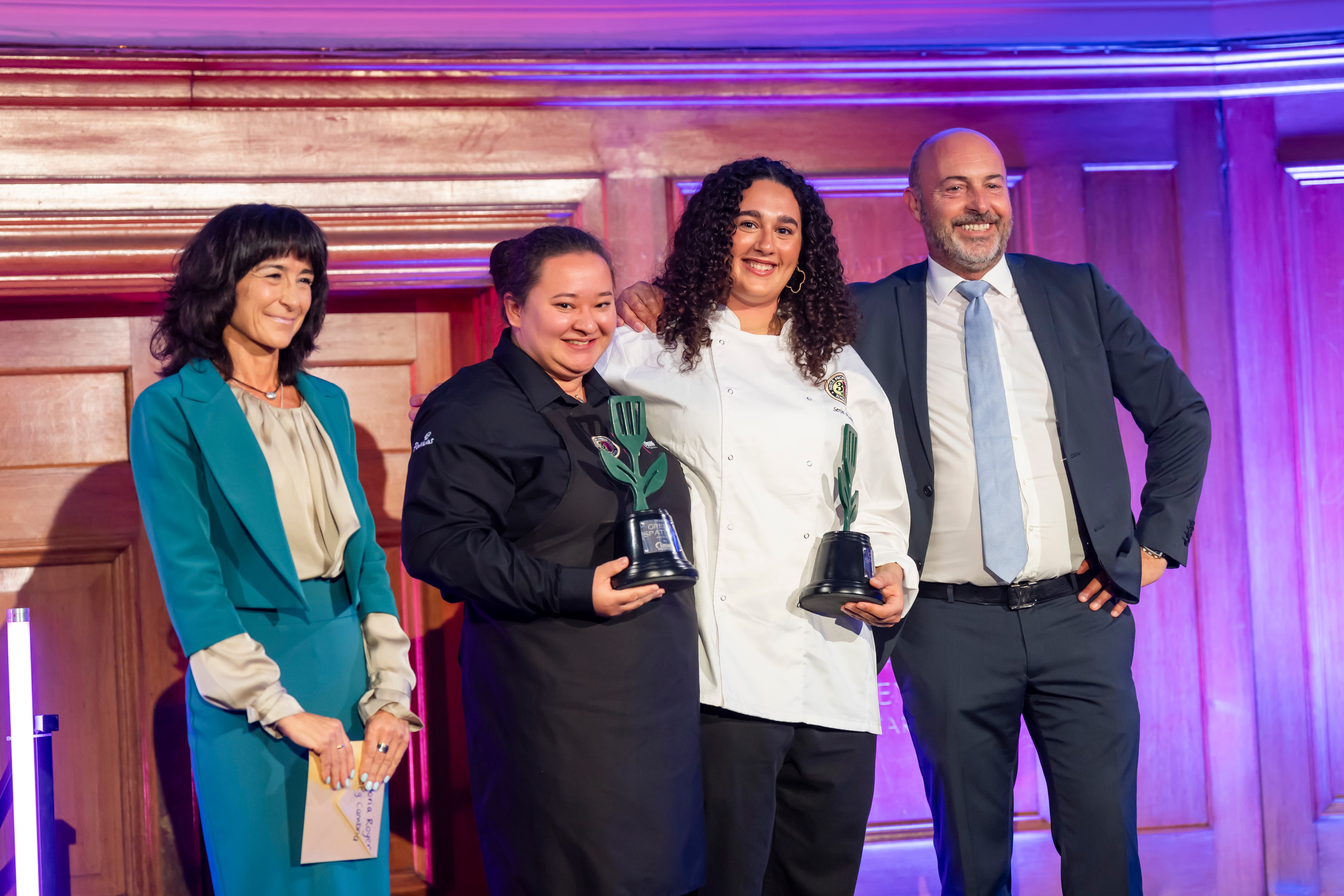 Ana Isabel Aragon, Emmanuel Lorieux, and two others hold awards at the 2025 Nestlé Professional Toque d’Or® Ceremony
