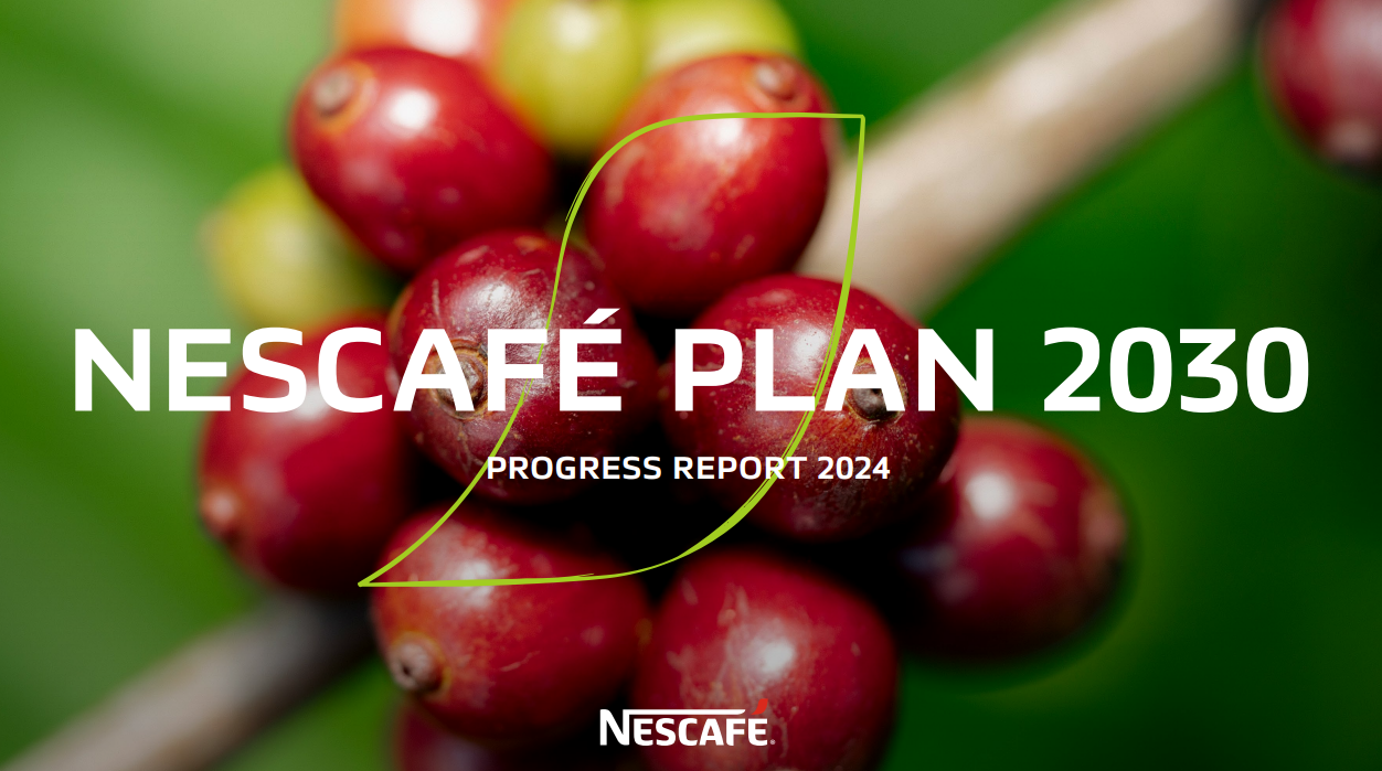 Nescafé Plan 2030 Progress Report 2024 with close-up of coffee cherries and Nescafé logo.