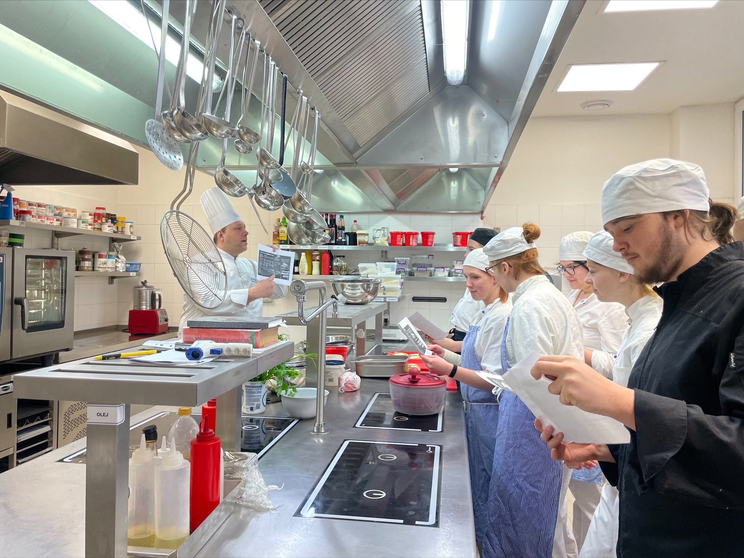 team of chefs in a professional kitchen, actively engaged in cooking and coordinating meal preparations.