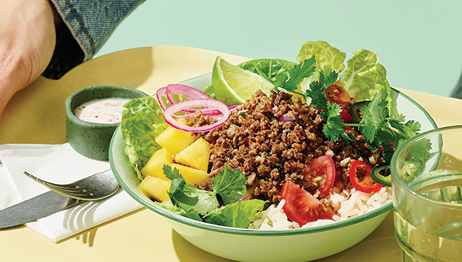 A colorful bowl of meat, lettuce, and assorted ingredients featured in the Garden Gourmet Plant Proteins Bowl Recipe Booklet.