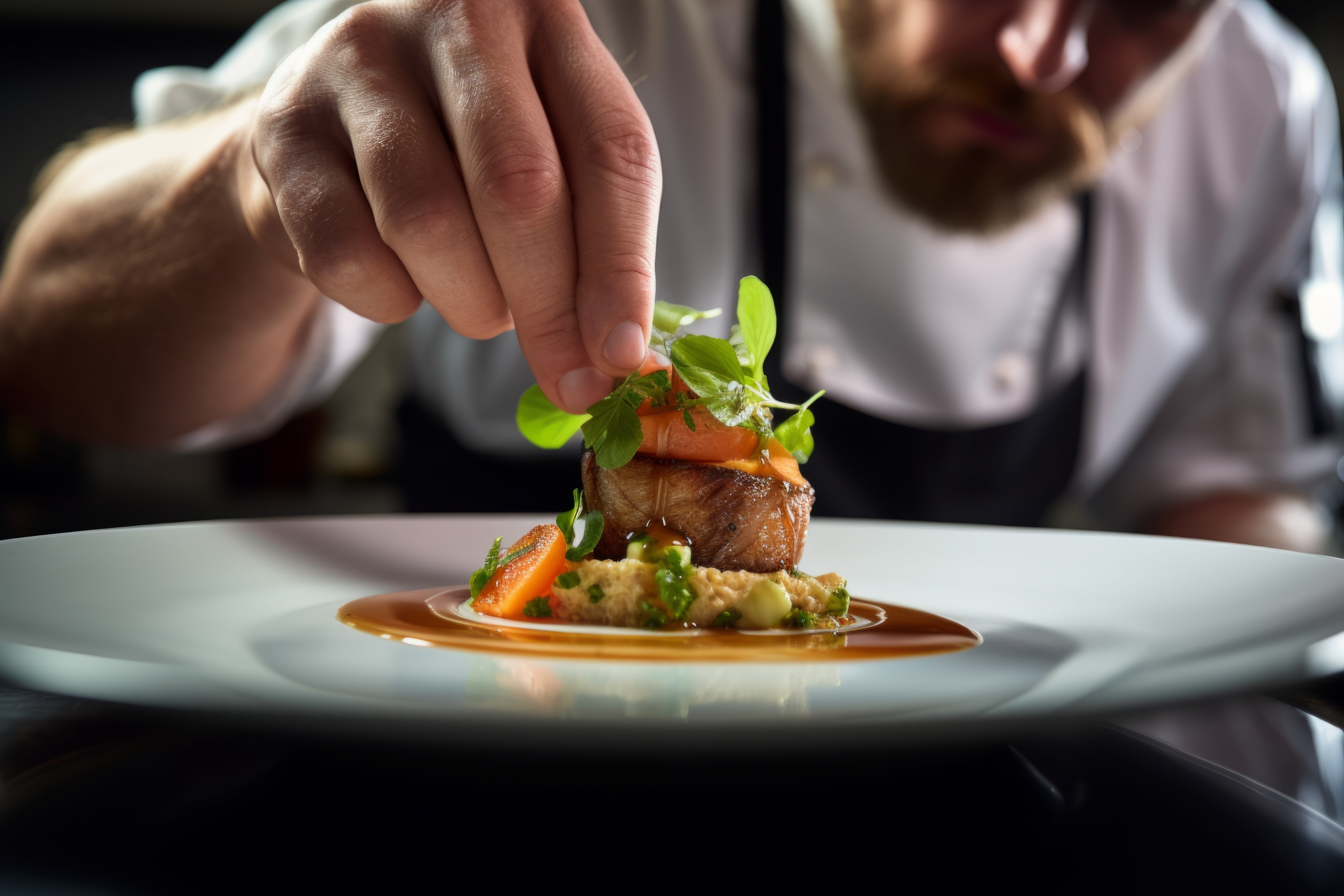Young male chef finalizing a savoury dish