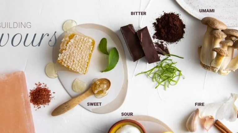 An assortment of ingredients showcasing different flavors: sweet, sour, bitter, umami, and fire.