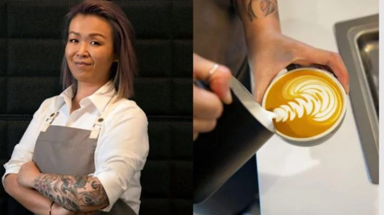 A tattooed woman is seen in two photos with a cup of coffee in hand.