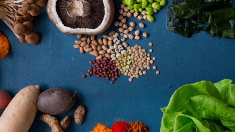 An assortment of plant-based options, including vegetables, legumes, and seeds, on a blue background.