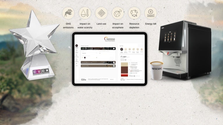 A tablet computer is placed beside a coffee machine, with a star overhead.