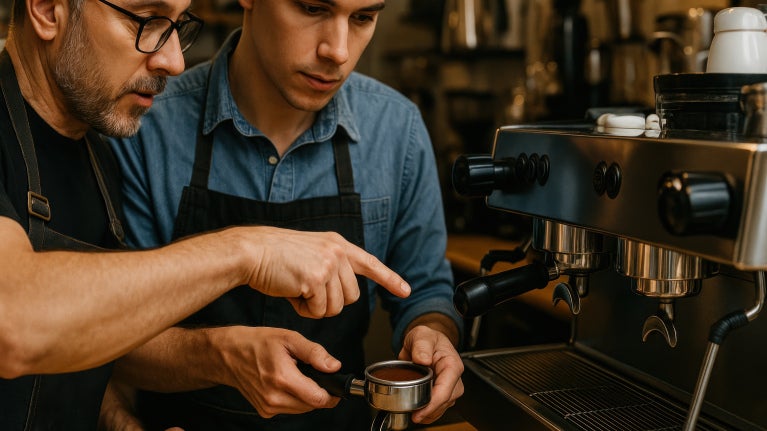 Master mature barista teaching a young barista how to make coffee