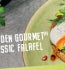 Green round plate showing a poached egg and falafels