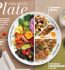 Plate divided into vegetables, whole grains, and lean protein; lemon water and olives beside.