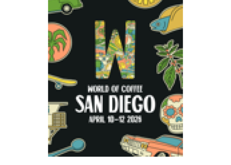 Poster displaying the words "World Of Coffee San Diego 2026" in bold, colorful typography.