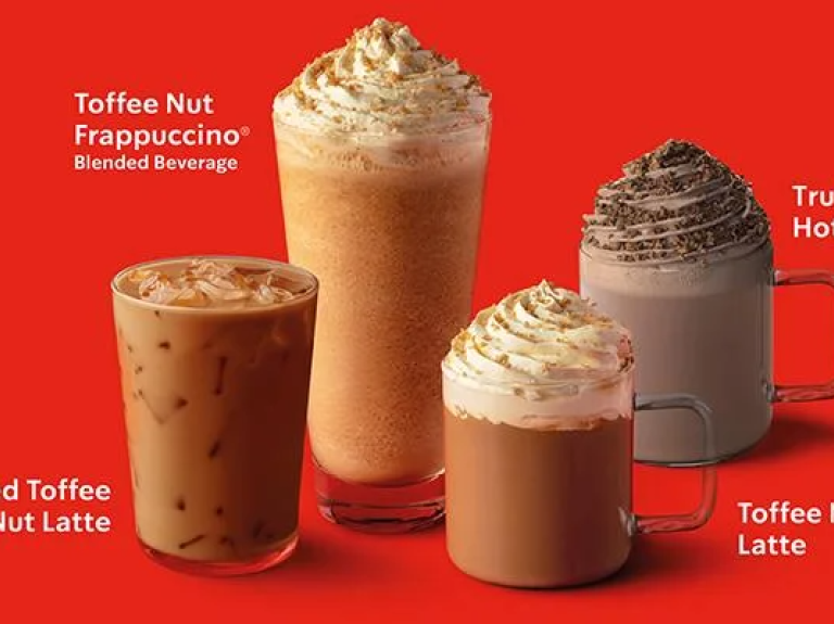 Starbucks holiday coffee beverages: Toffee Nut Frappuccino, Iced Latte, and Truffle Hot Chocolate.