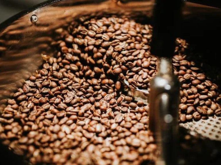 A coffee grinder processes whole coffee beans, transforming them into a fine grind for brewing.