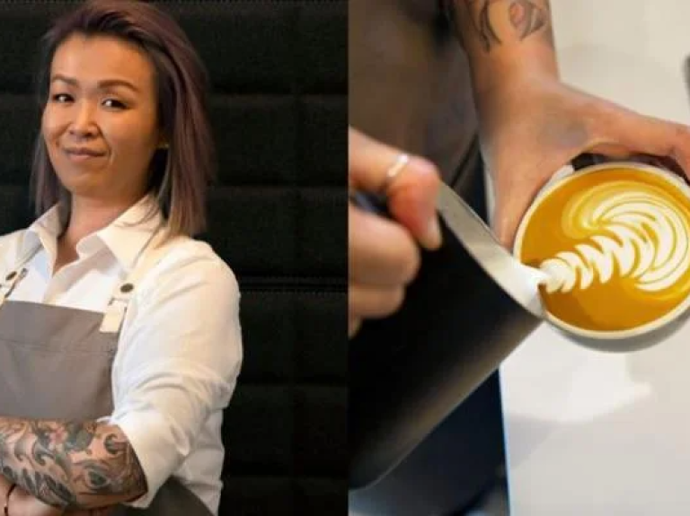 A tattooed woman is seen in two photos with a cup of coffee in hand.