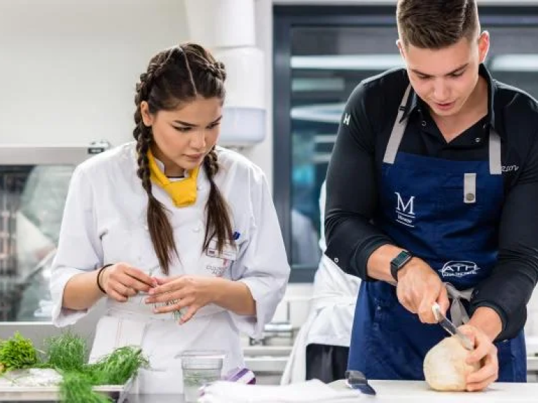 Photos of people engaged in food preparation in a kitchen, highlighting their culinary activities.