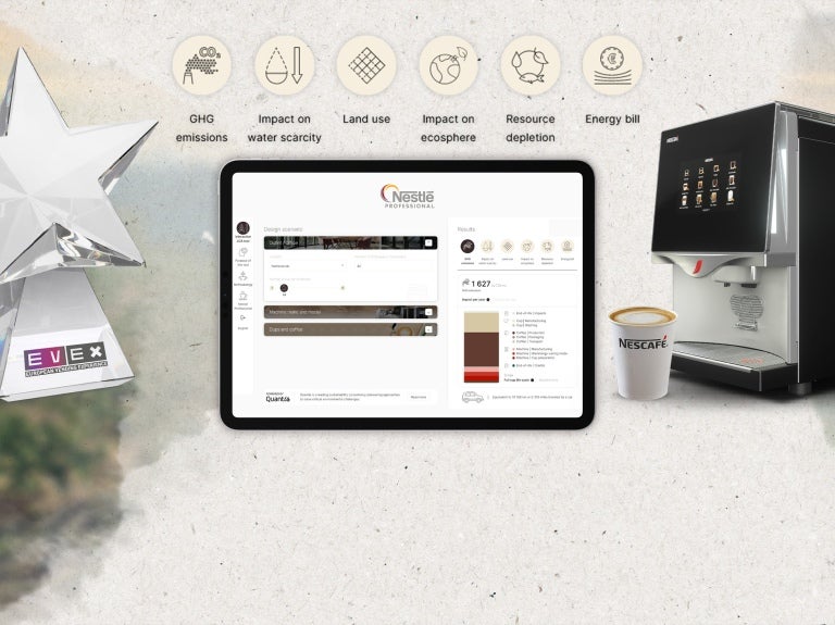 A tablet computer is placed beside a coffee machine, with a star overhead.