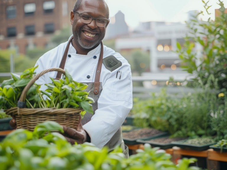 A smiling Black man holds a basket filled with fresh herbs, showcasing his joy and connection to gardening.
