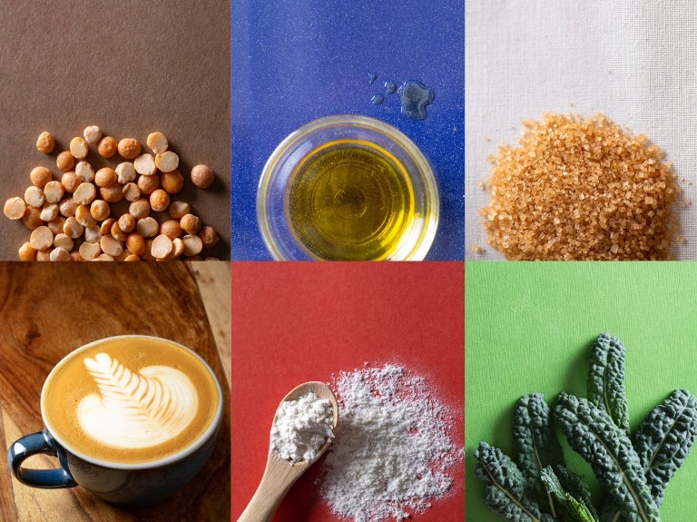 A collage featuring various foods, including coffee, nuts, and beans, arranged artistically on a neutral background.