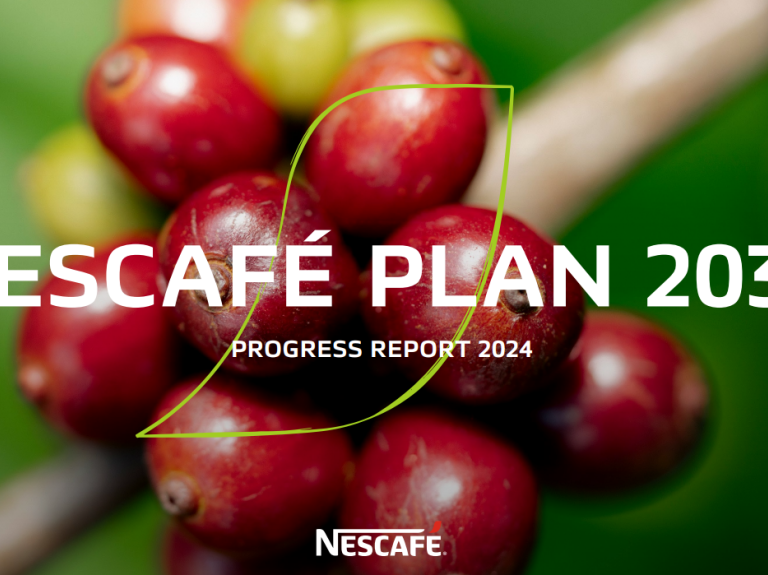 Nescafé Plan 2030 Progress Report 2024 with close-up of coffee cherries and Nescafé logo.