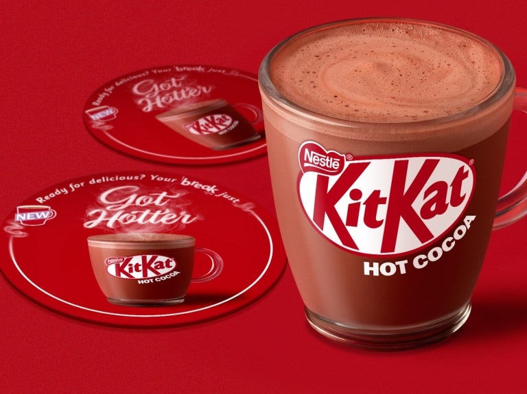 KitKat Have a Break hot cocoa cup with chocolate pieces on top