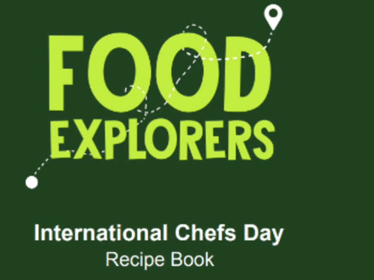 International Chefs Day celebration with chefs working in a garden, showcasing a recipe book for culinary exploration.