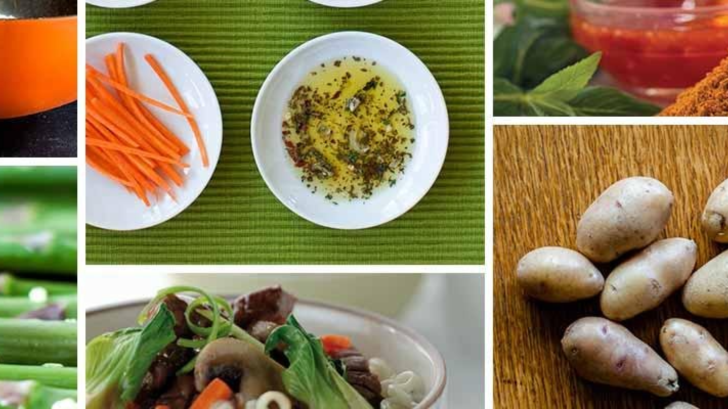 An assortment of foods featuring vegetables, beans, and various ingredients in a creative collage.