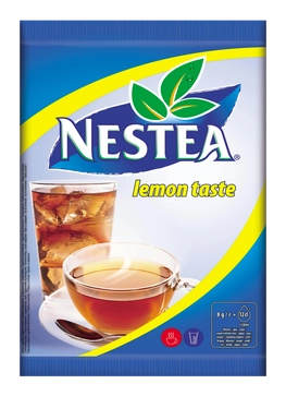 A Nestea lemon tea bag, featuring a bright yellow label and a string for easy brewing.